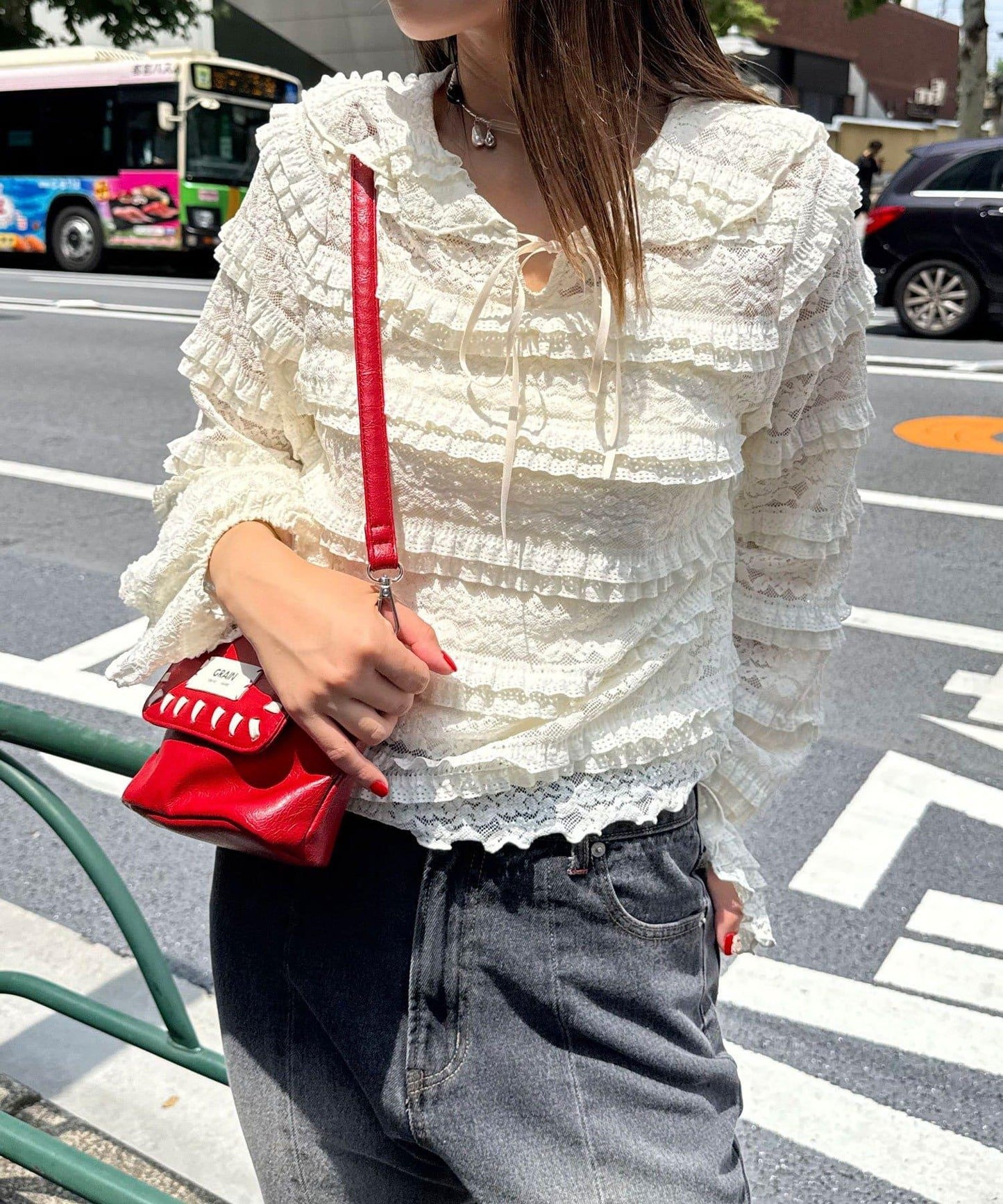 水手領彩色蕾絲荷葉邊上衣