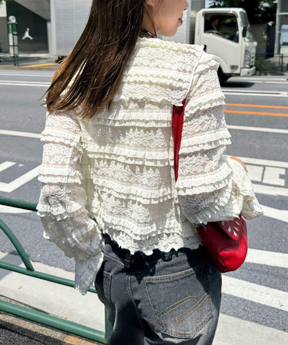 水手領彩色蕾絲荷葉邊上衣