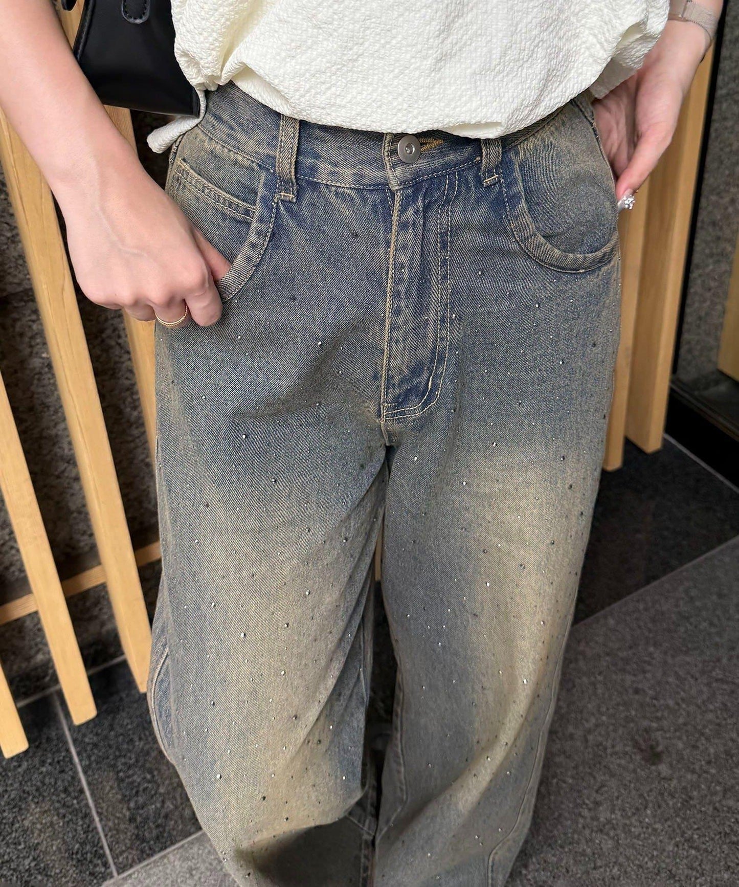 【2尺碼展開】帶石頭的寬鬆牛仔褲
