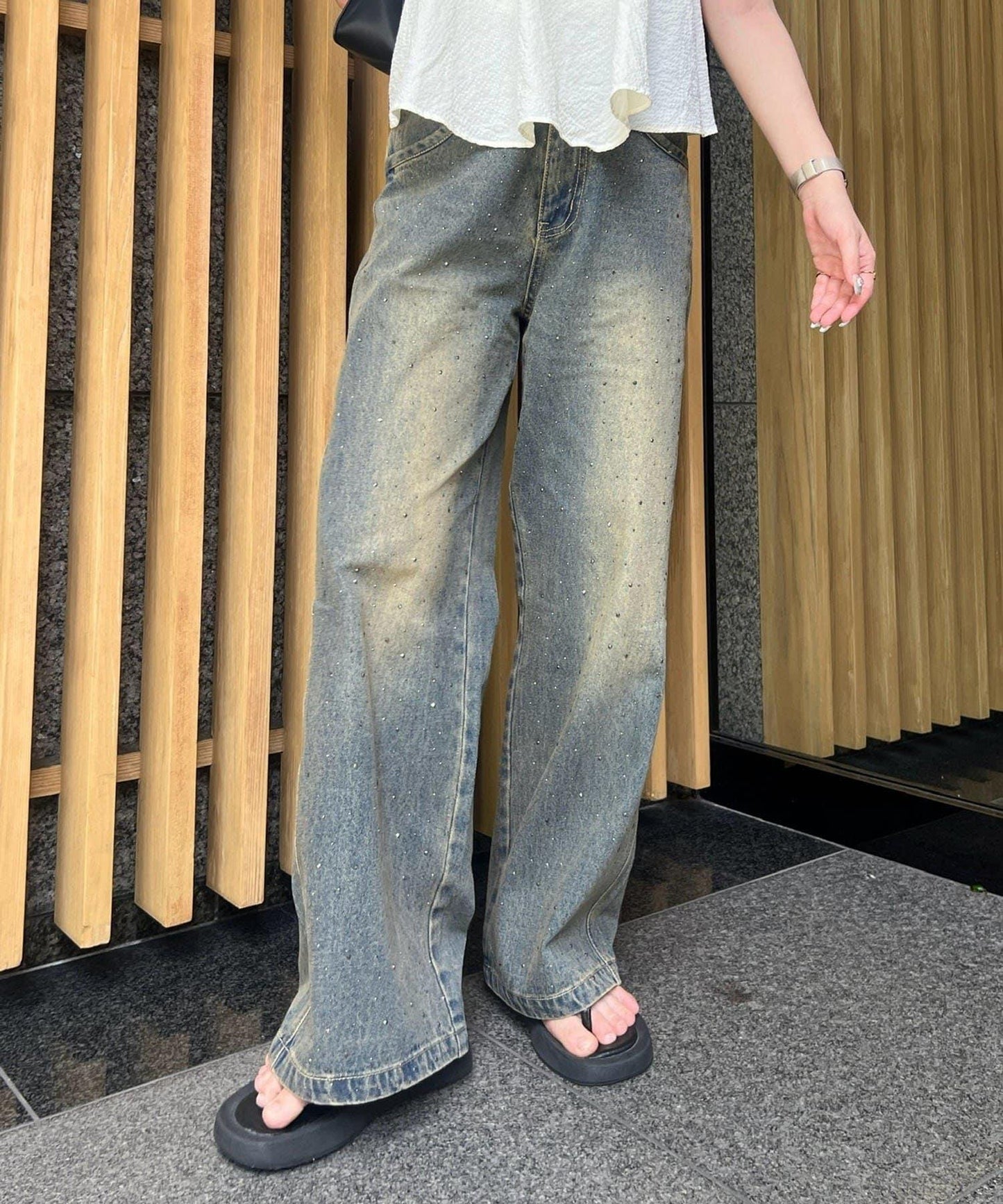 【2尺碼展開】帶石頭的寬鬆牛仔褲