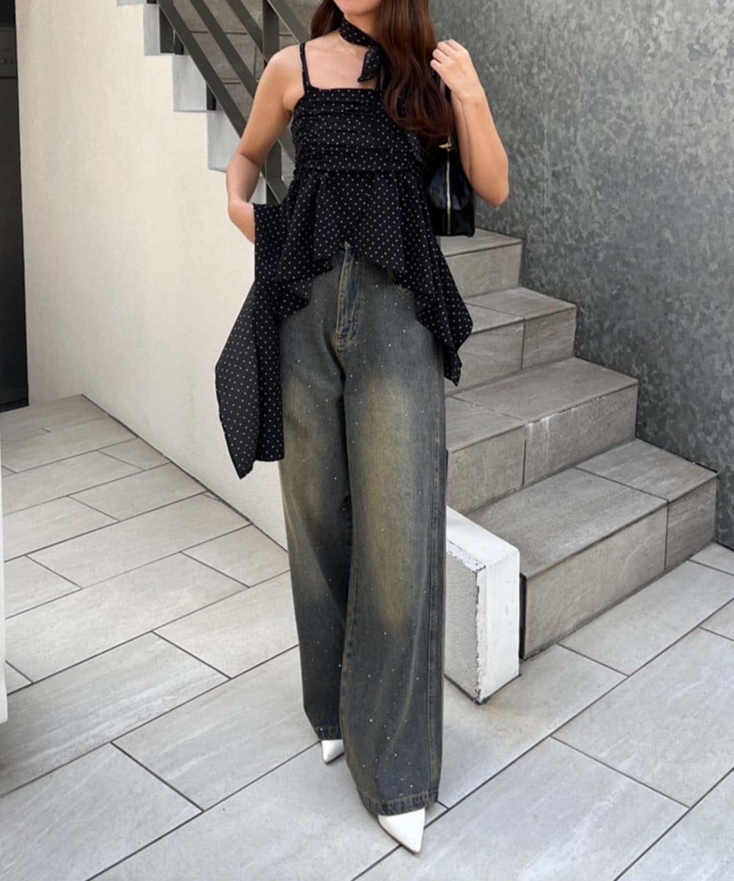 【2尺碼展開】帶石頭的寬鬆牛仔褲