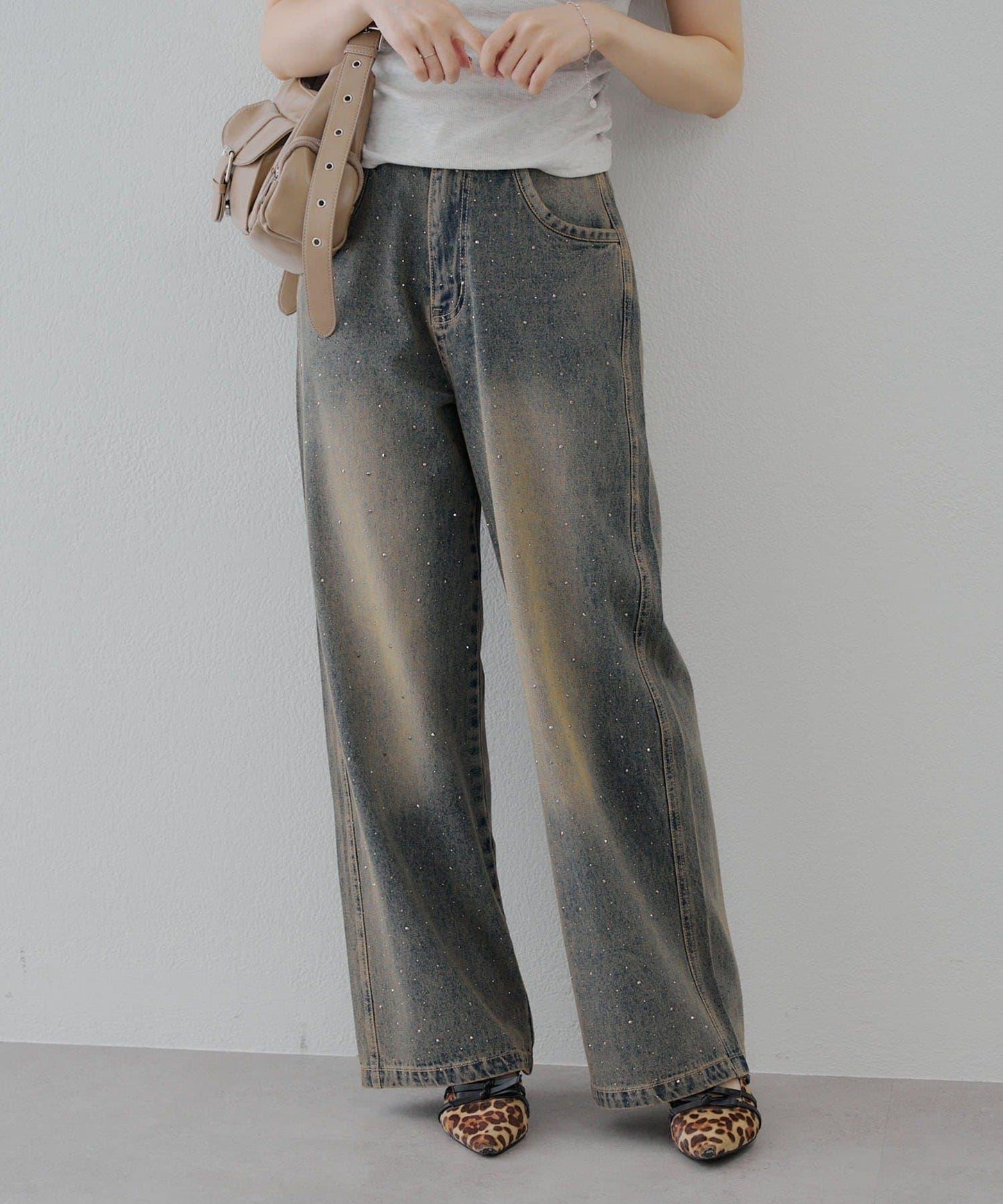 【2尺碼展開】帶石頭的寬鬆牛仔褲