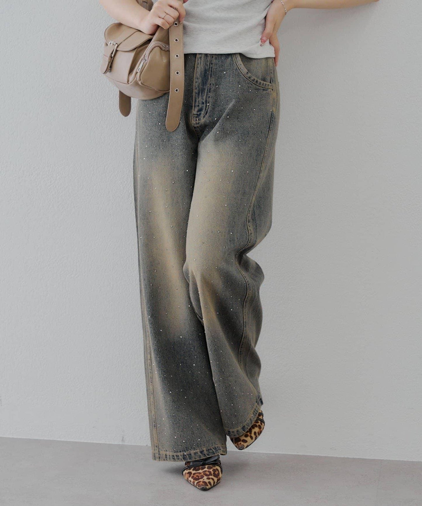 【2尺碼展開】帶石頭的寬鬆牛仔褲