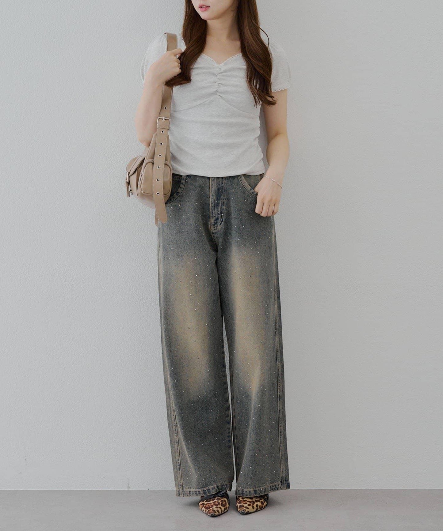 【2尺碼展開】帶石頭的寬鬆牛仔褲