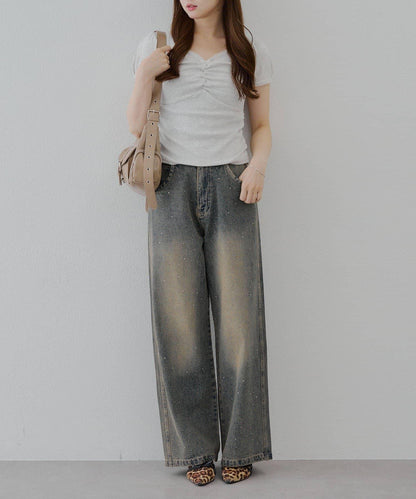 【2尺碼展開】帶石頭的寬鬆牛仔褲
