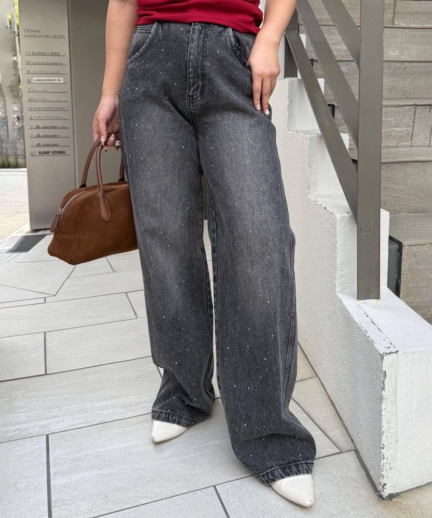 【2尺碼展開】帶石頭的寬鬆牛仔褲