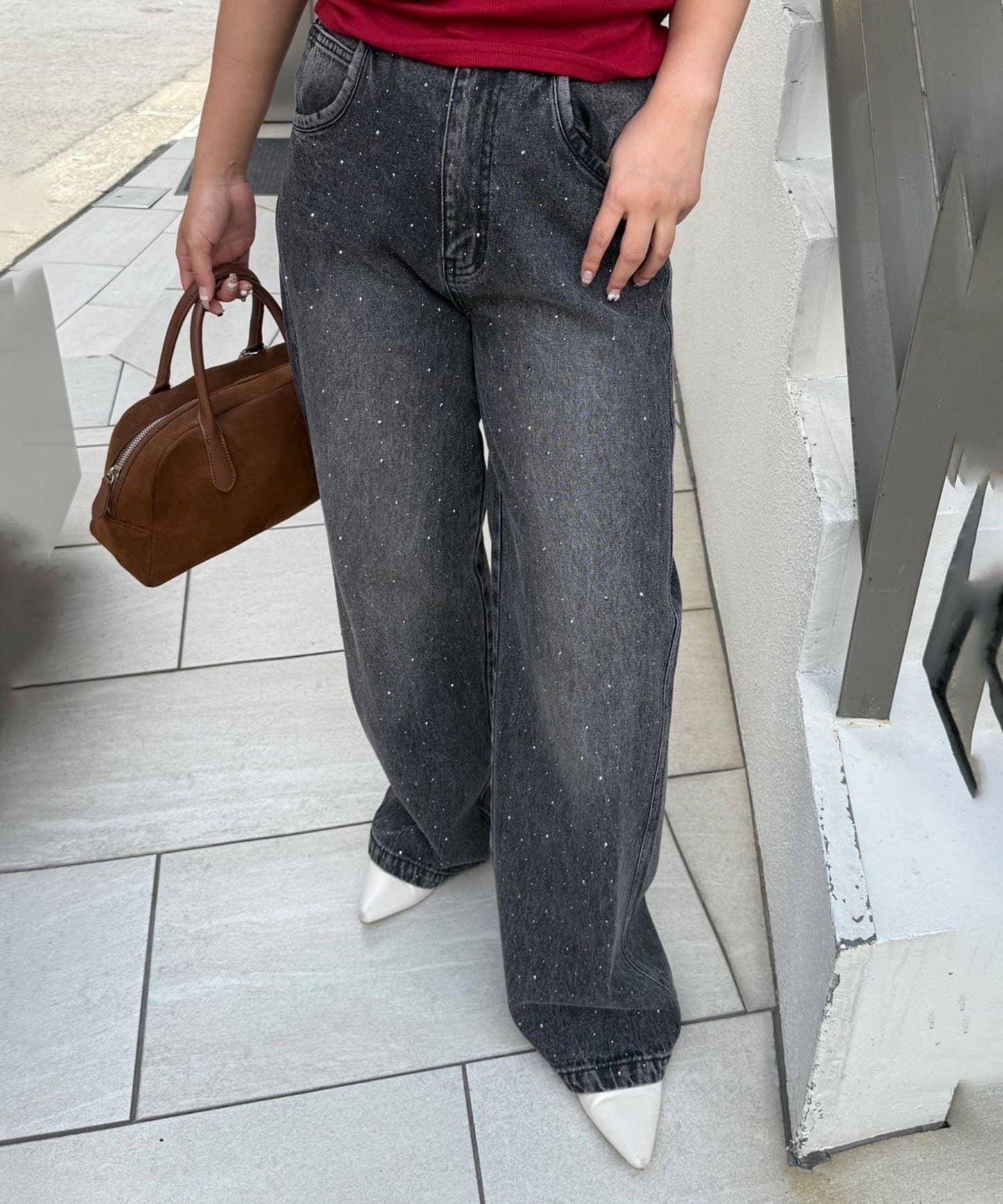 【2尺碼展開】帶石頭的寬鬆牛仔褲