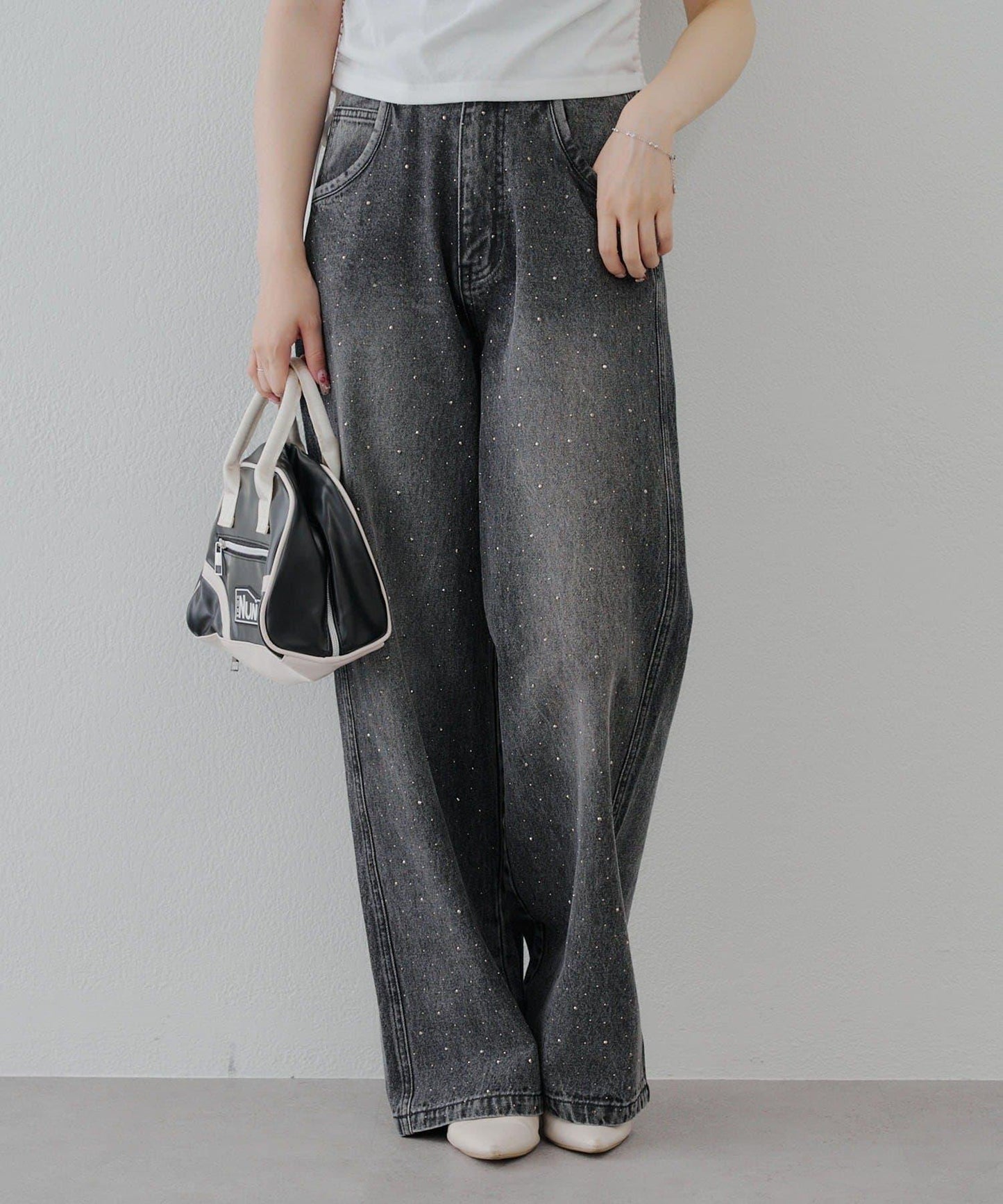 【2尺碼展開】帶石頭的寬鬆牛仔褲