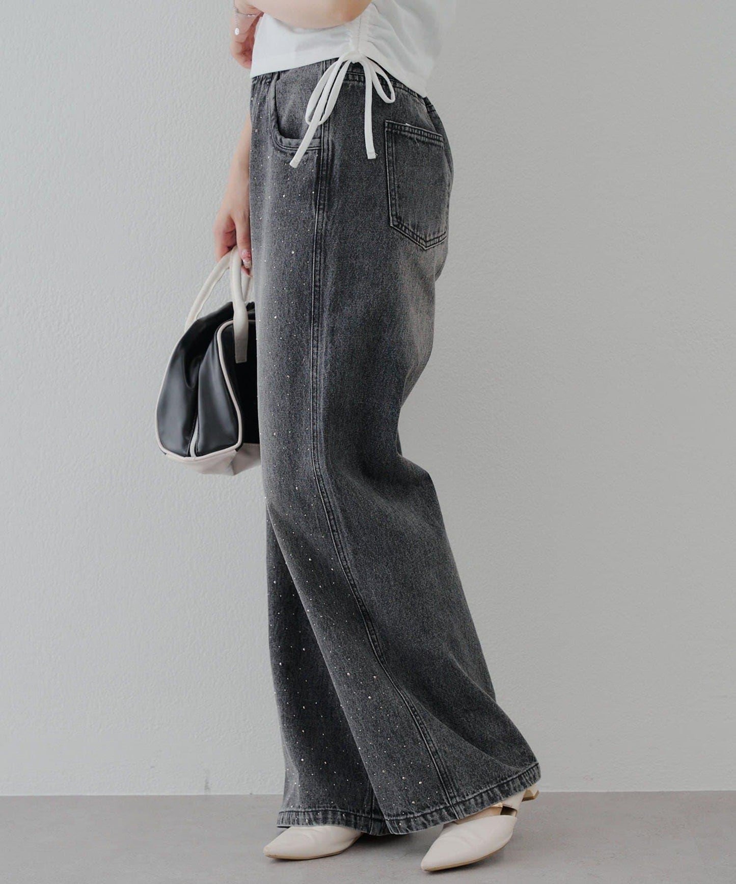 【2尺碼展開】帶石頭的寬鬆牛仔褲