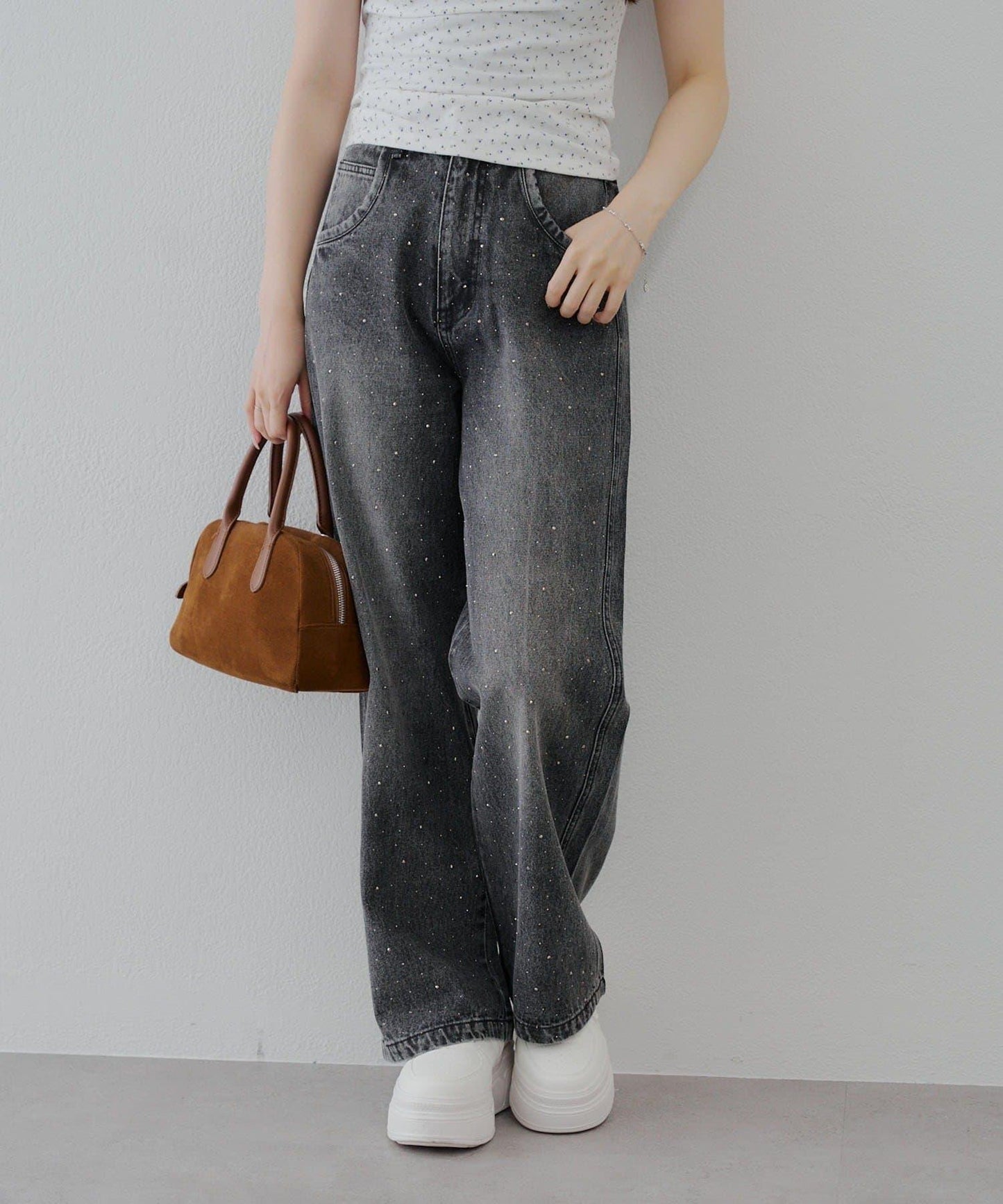 【2尺碼展開】帶石頭的寬鬆牛仔褲