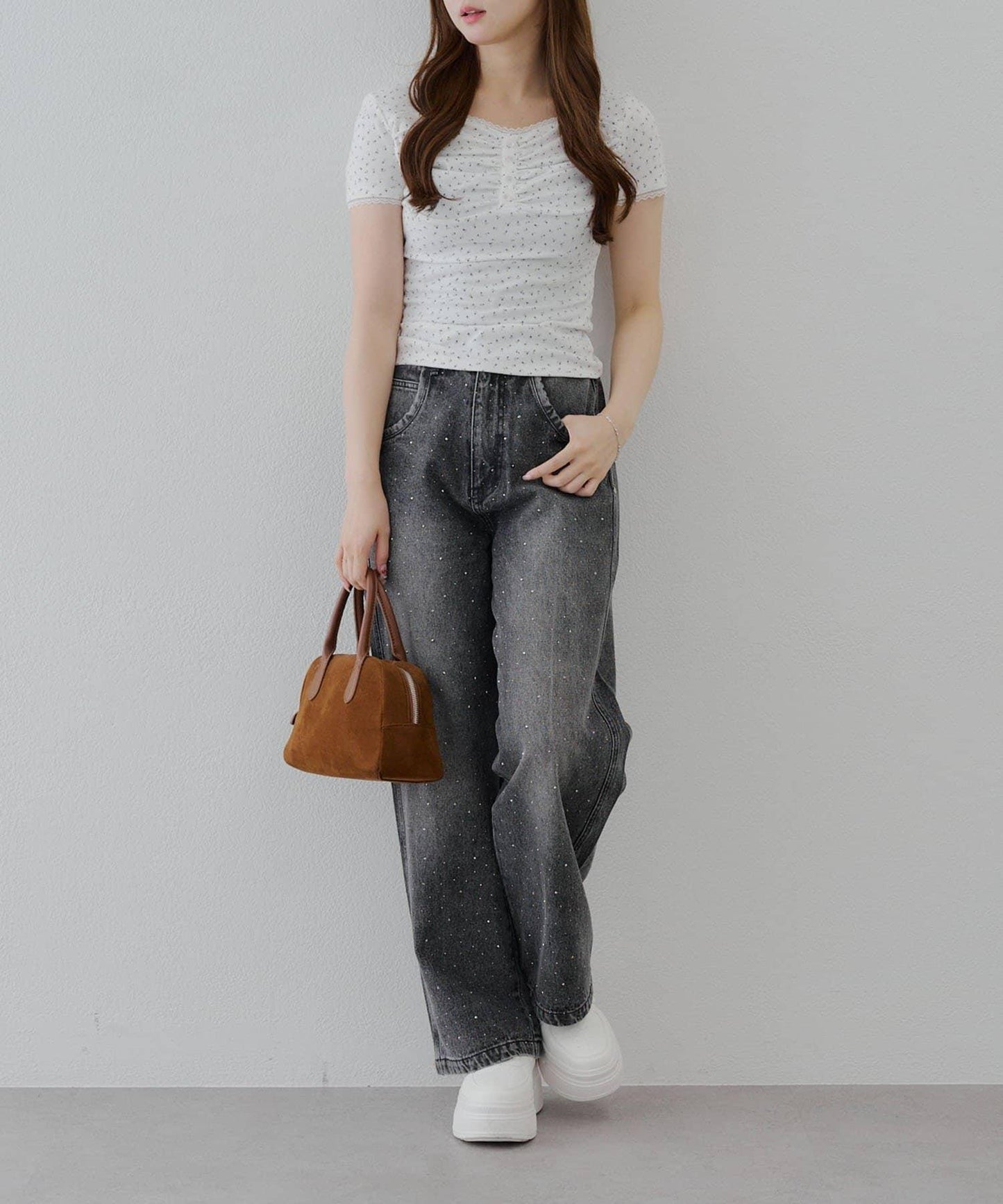 【2尺碼展開】帶石頭的寬鬆牛仔褲