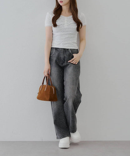 【2尺碼展開】帶石頭的寬鬆牛仔褲