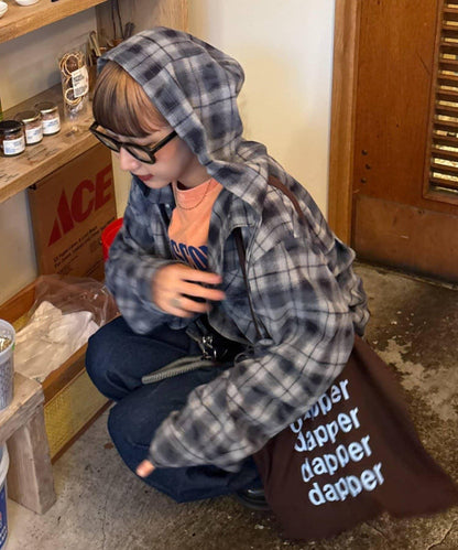 【亞卡企劃】帶食物口袋的混搭加工格子襯衫