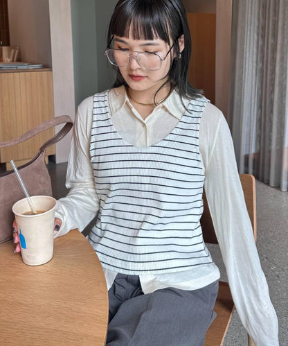 【soome韓國企劃】條紋層疊領口透視剪裁襯衫