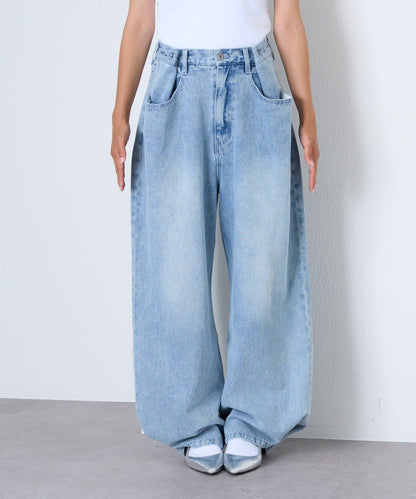 【薩基企劃】【可調節腰圍】超染褶皺設計牛仔褲