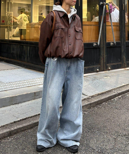 【薩基企劃】【可調節腰圍】超染褶皺設計牛仔褲