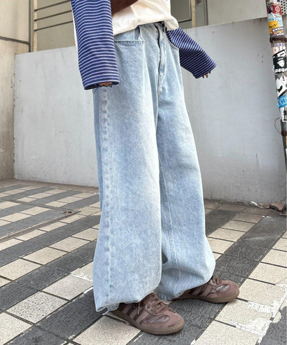 【薩基企劃】【可調節腰圍】超染褶皺設計牛仔褲