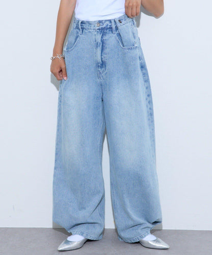 【薩基企劃】【可調節腰圍】超染褶皺設計牛仔褲