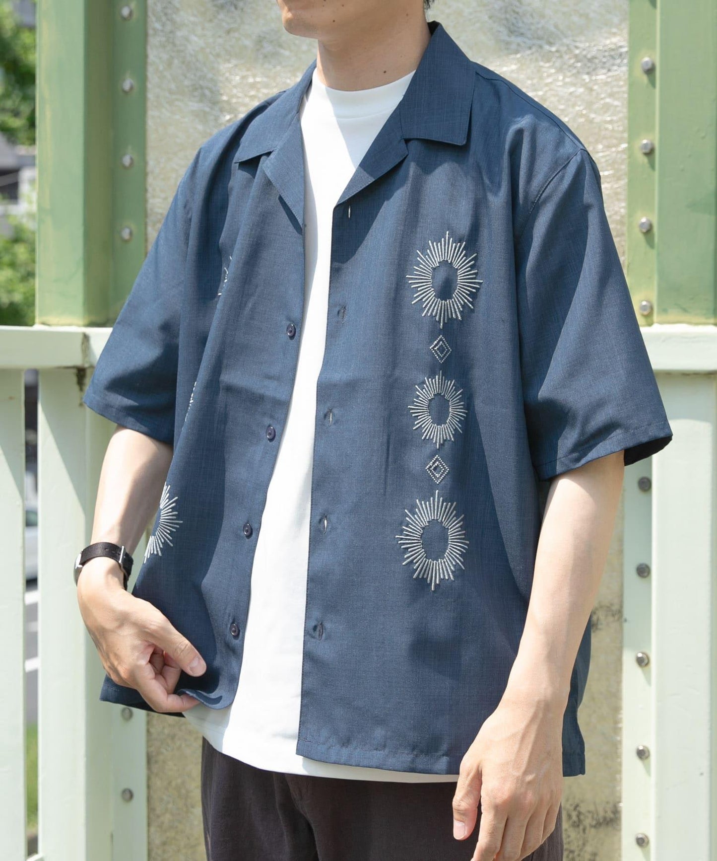 圖案刺繡涼感短袖襯衫