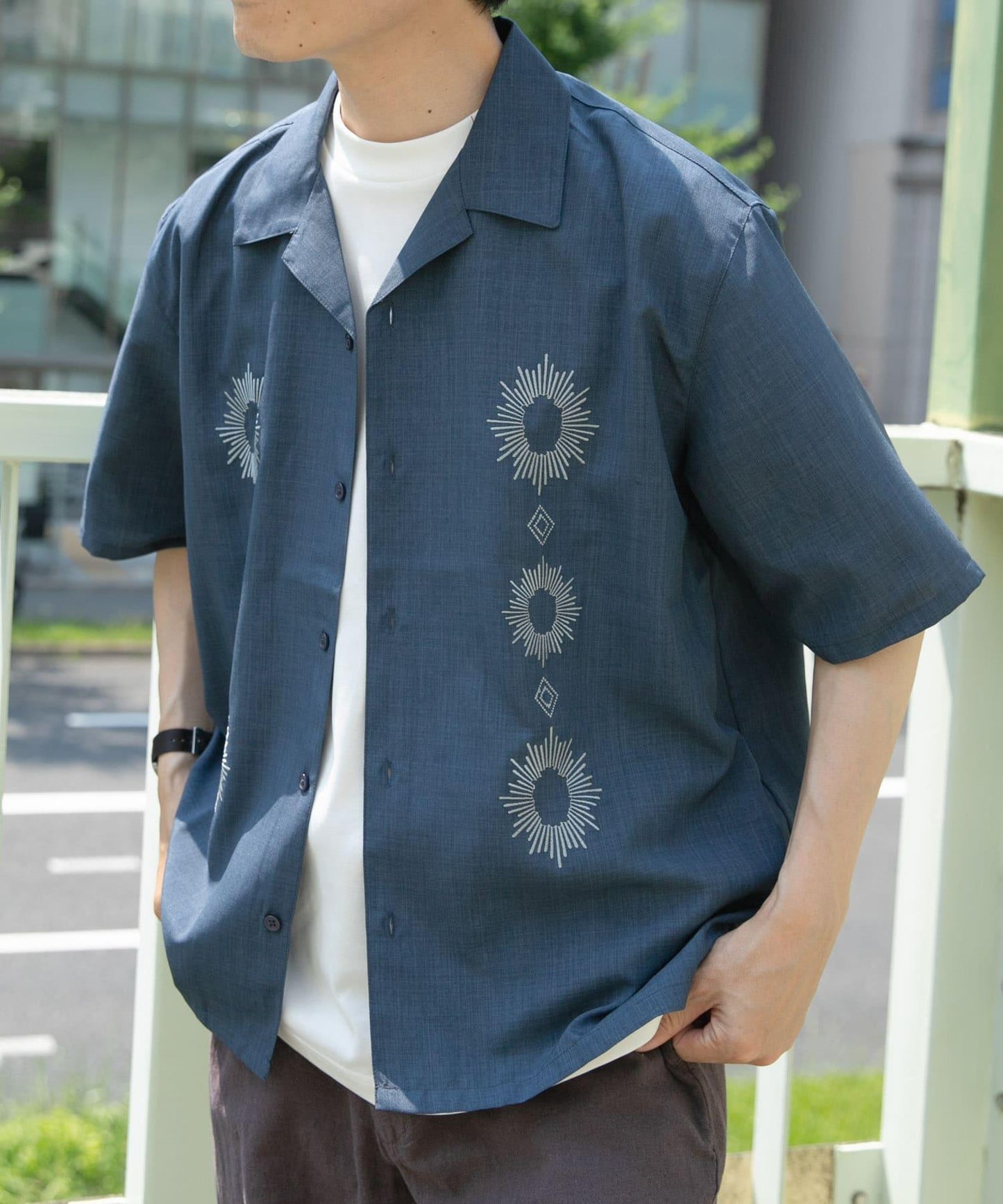 圖案刺繡涼感短袖襯衫