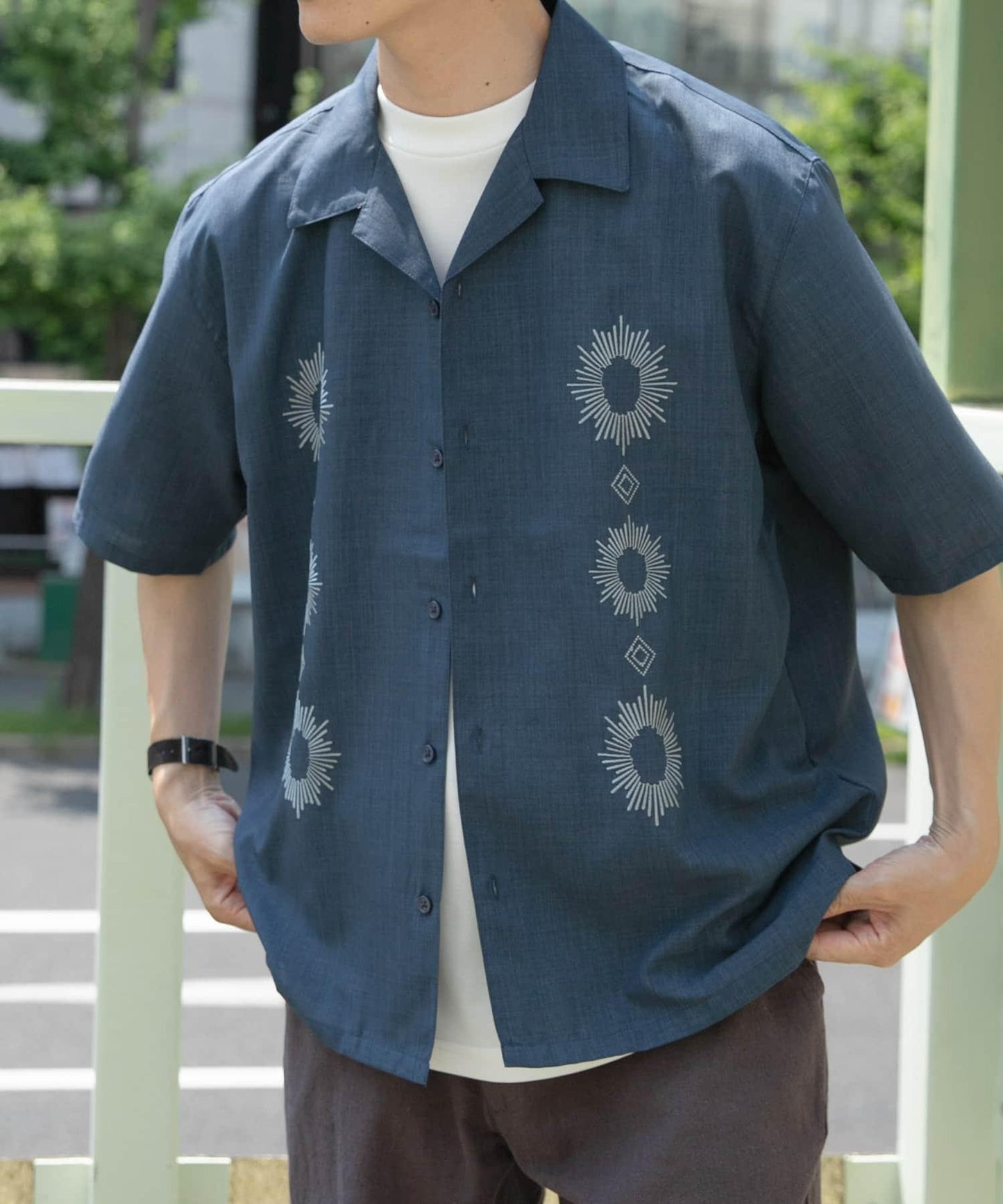 圖案刺繡涼感短袖襯衫