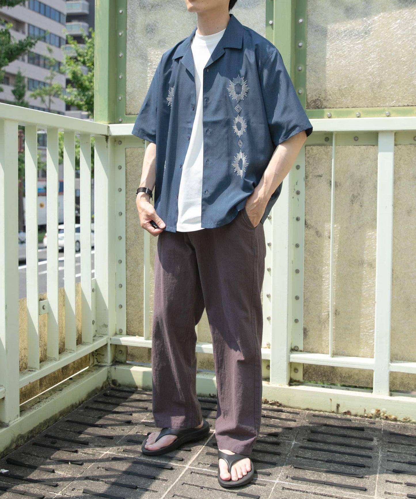 圖案刺繡涼感短袖襯衫