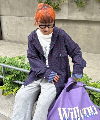 【亞卡企劃】帶食物口袋的混搭加工格子襯衫