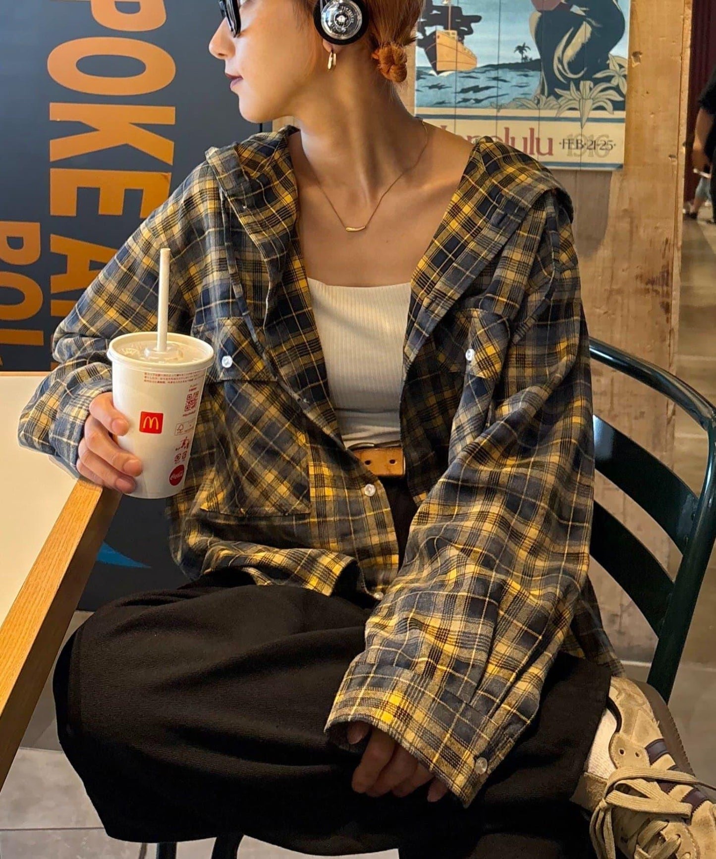 【亞卡企劃】帶食物口袋的混搭加工格子襯衫