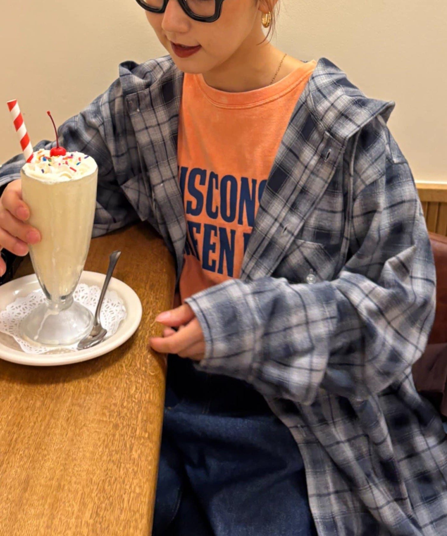 【亞卡企劃】帶食物口袋的混搭加工格子襯衫