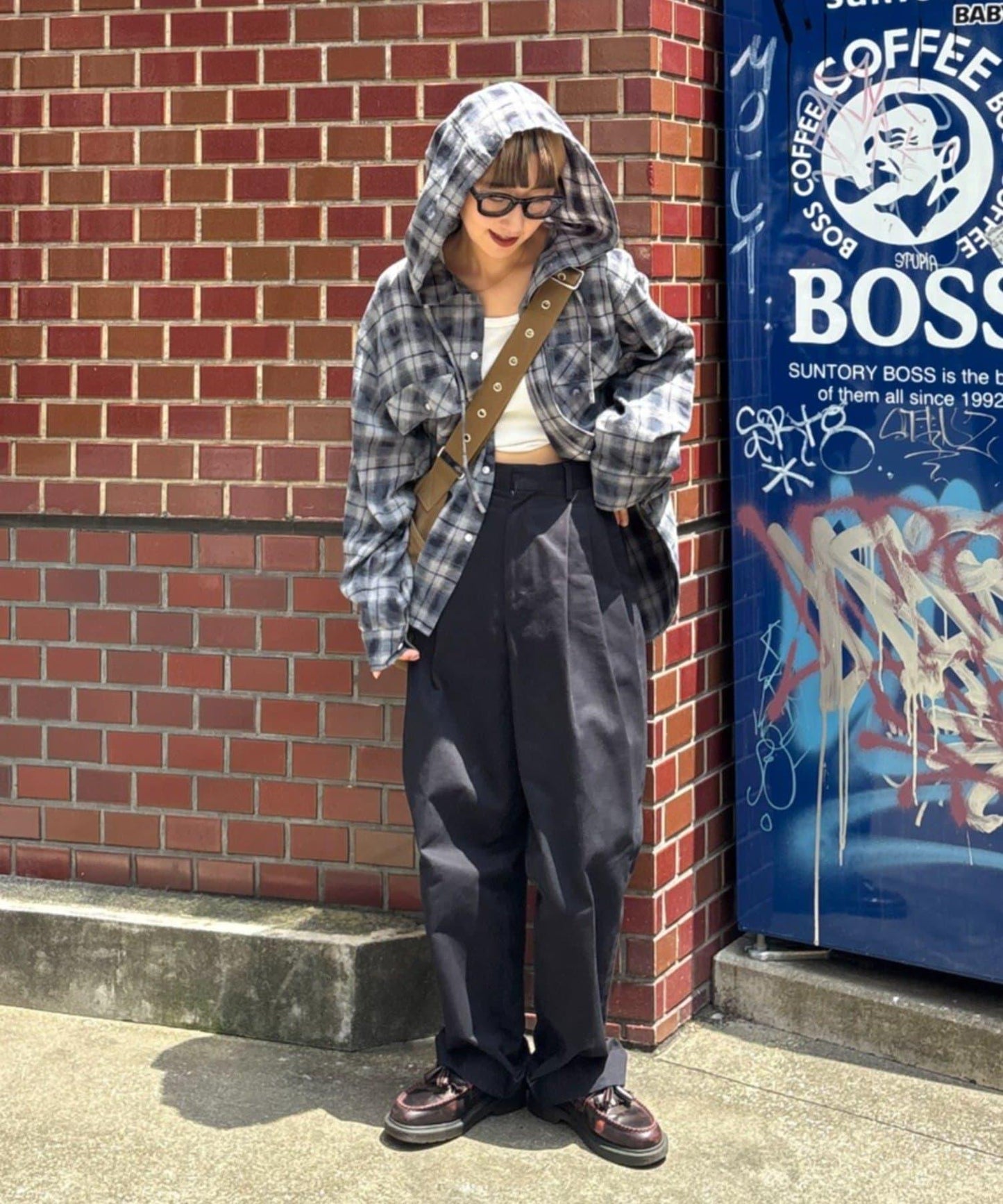 【亞卡企劃】帶食物口袋的混搭加工格子襯衫