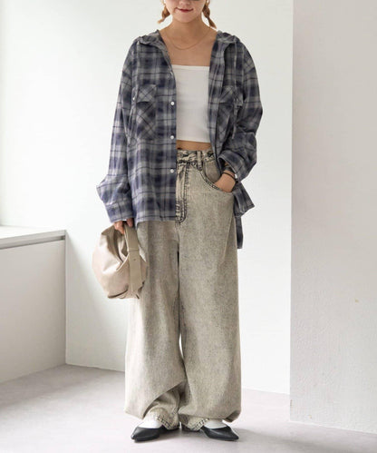 【亞卡企劃】帶食物口袋的混搭加工格子襯衫