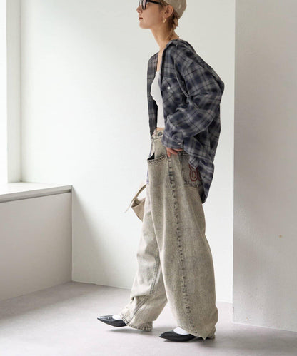 【亞卡企劃】帶食物口袋的混搭加工格子襯衫