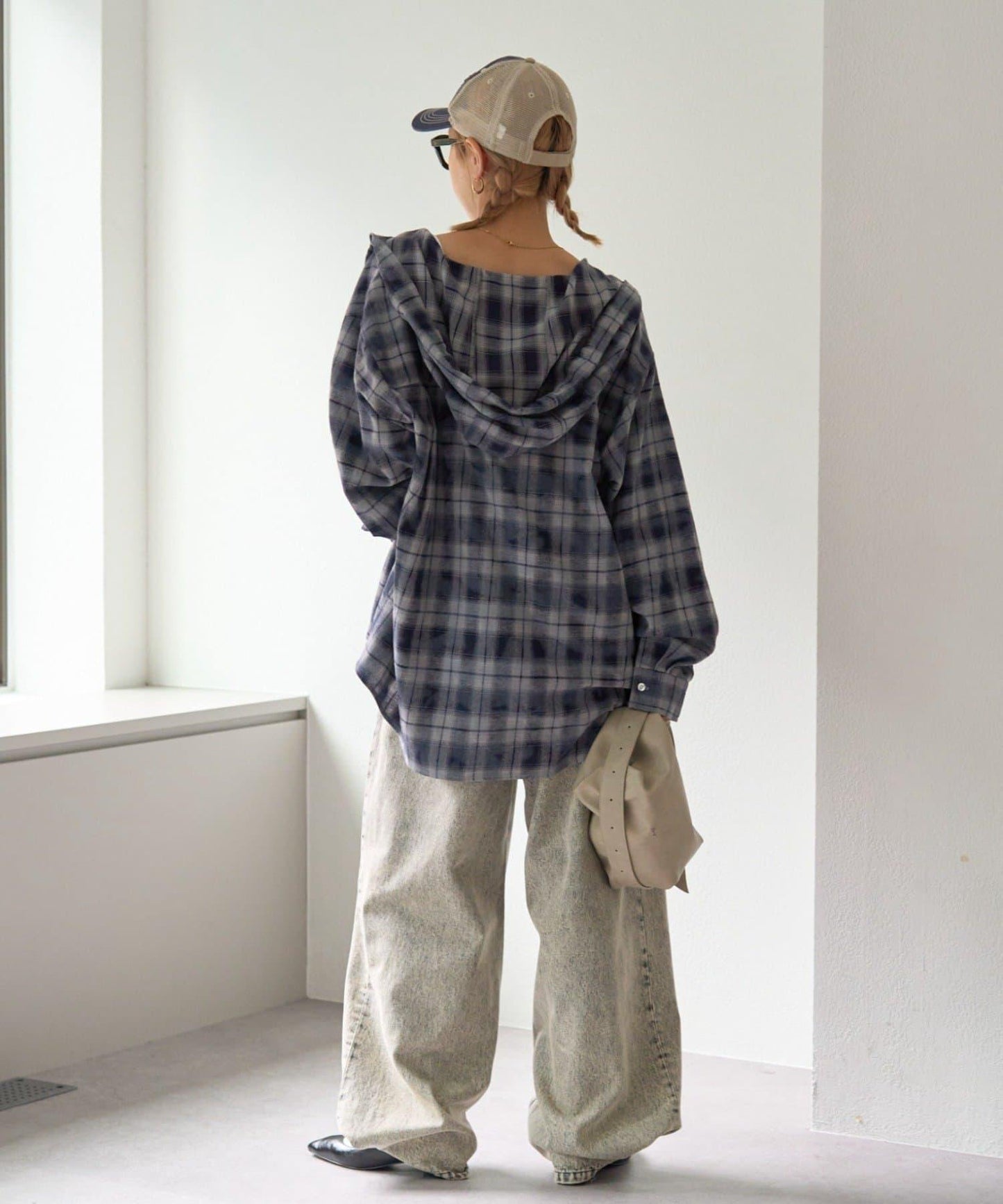 【亞卡企劃】帶食物口袋的混搭加工格子襯衫