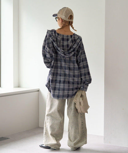 【亞卡企劃】帶食物口袋的混搭加工格子襯衫