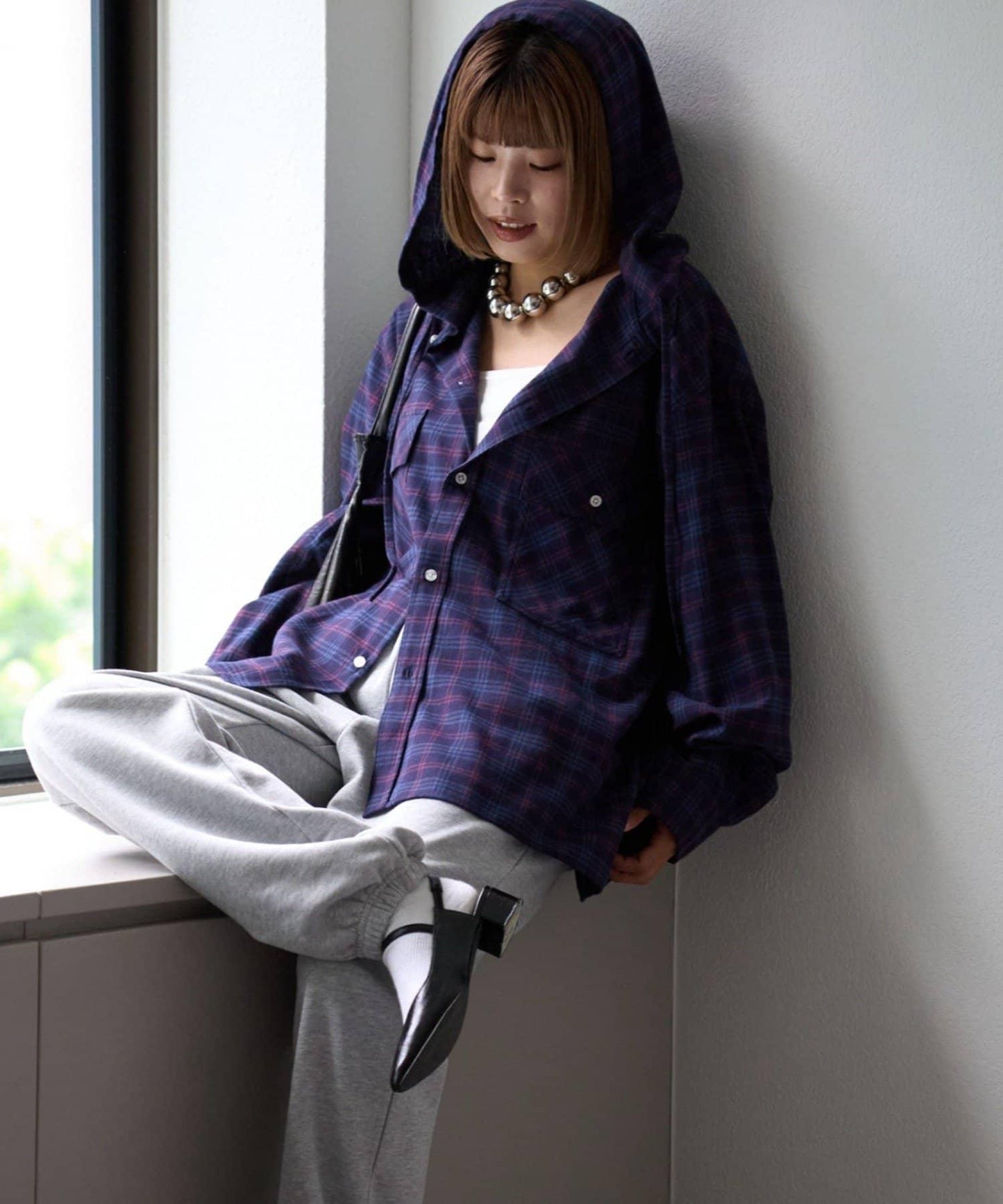 【亞卡企劃】帶食物口袋的混搭加工格子襯衫