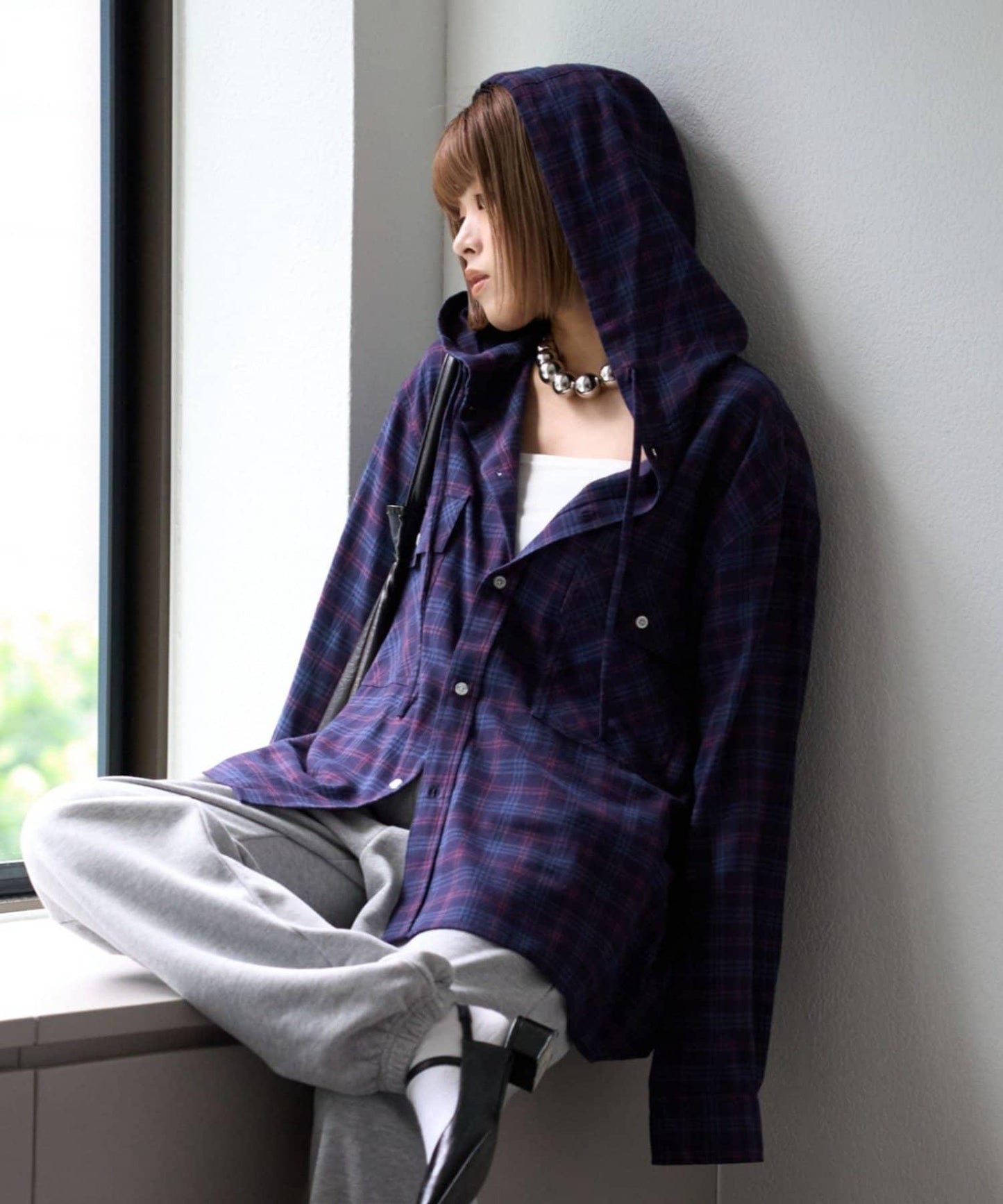 【亞卡企劃】帶食物口袋的混搭加工格子襯衫