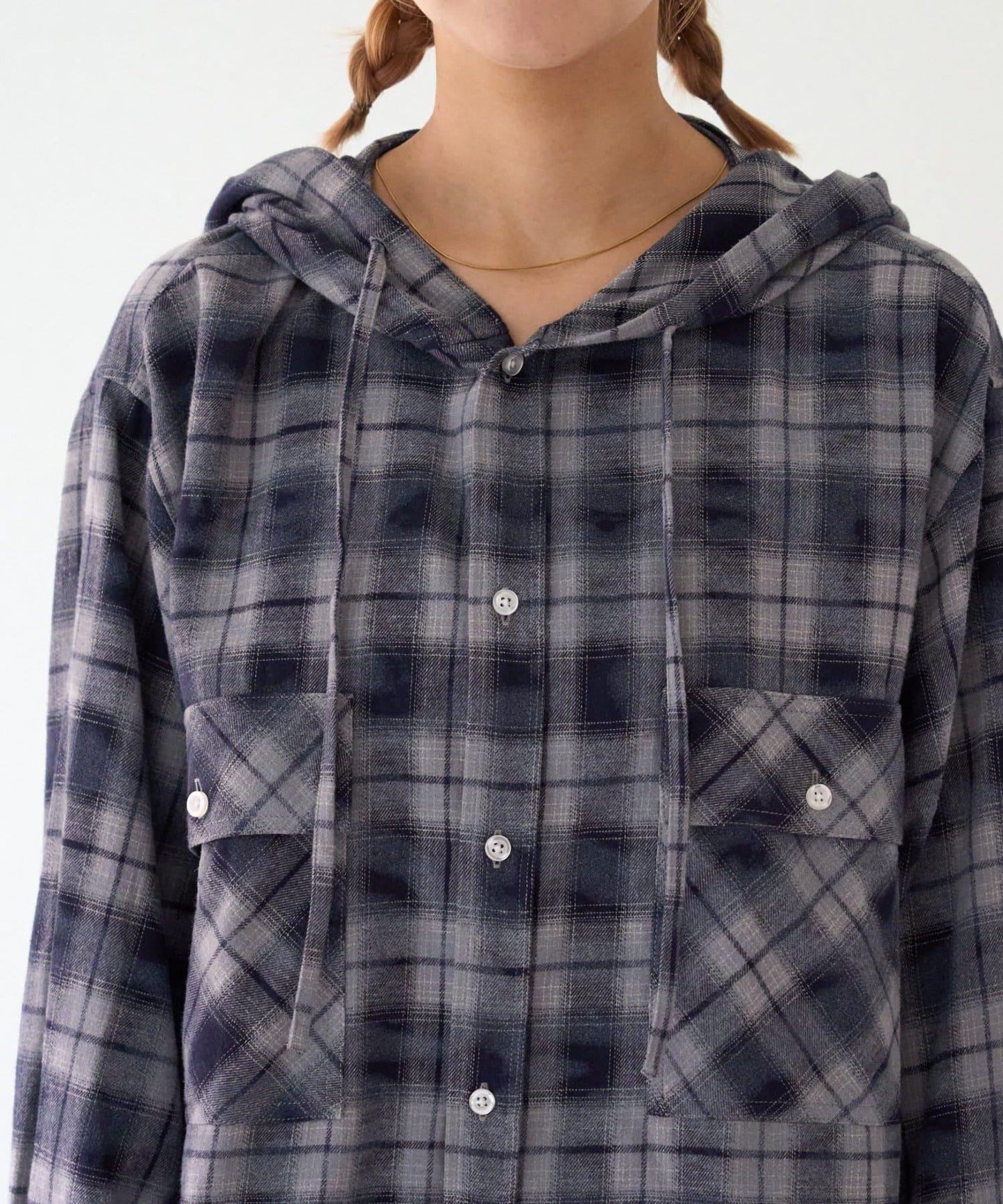 【亞卡企劃】帶食物口袋的混搭加工格子襯衫