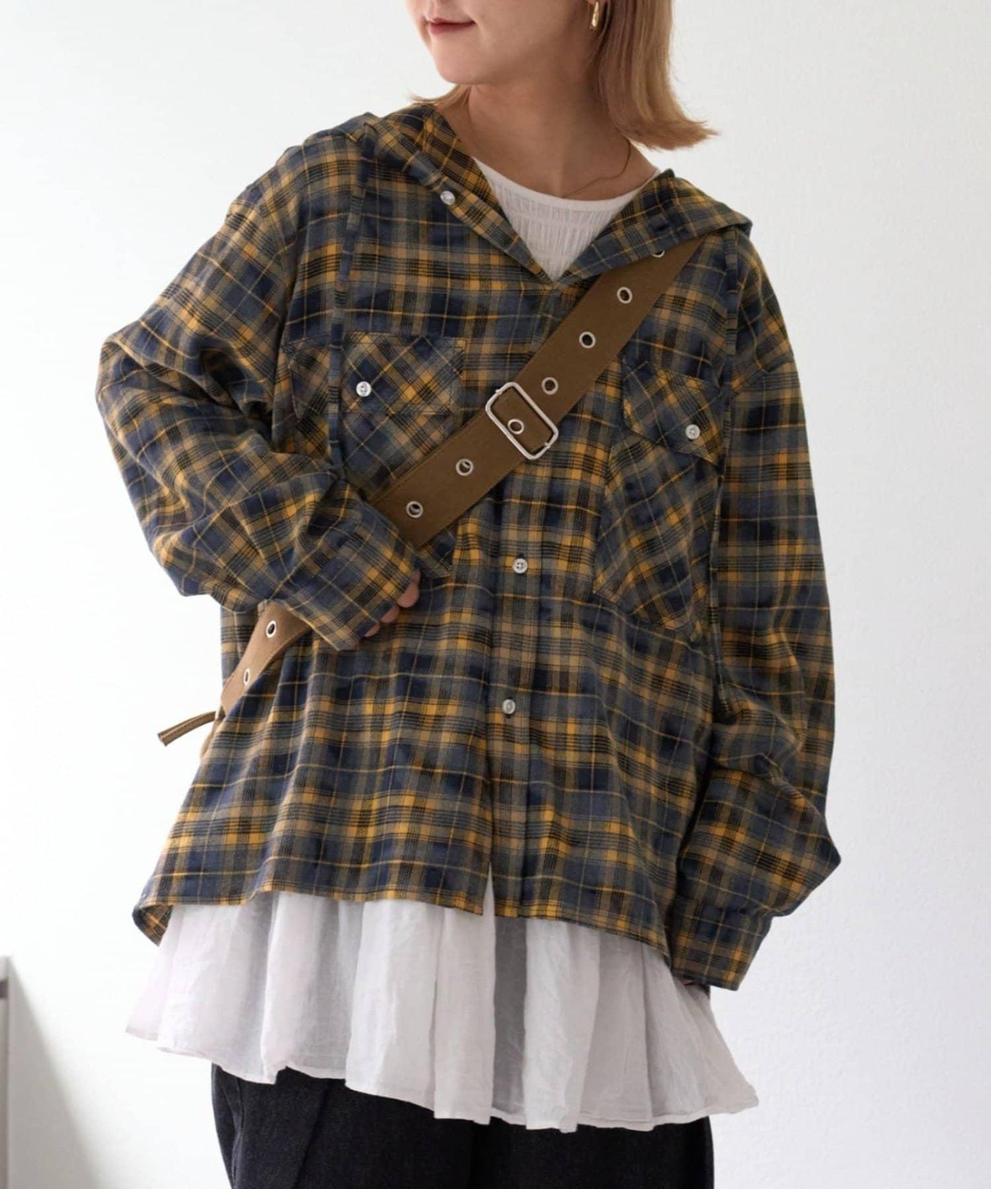 【亞卡企劃】帶食物口袋的混搭加工格子襯衫