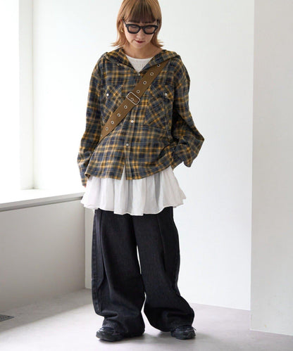 【亞卡企劃】帶食物口袋的混搭加工格子襯衫