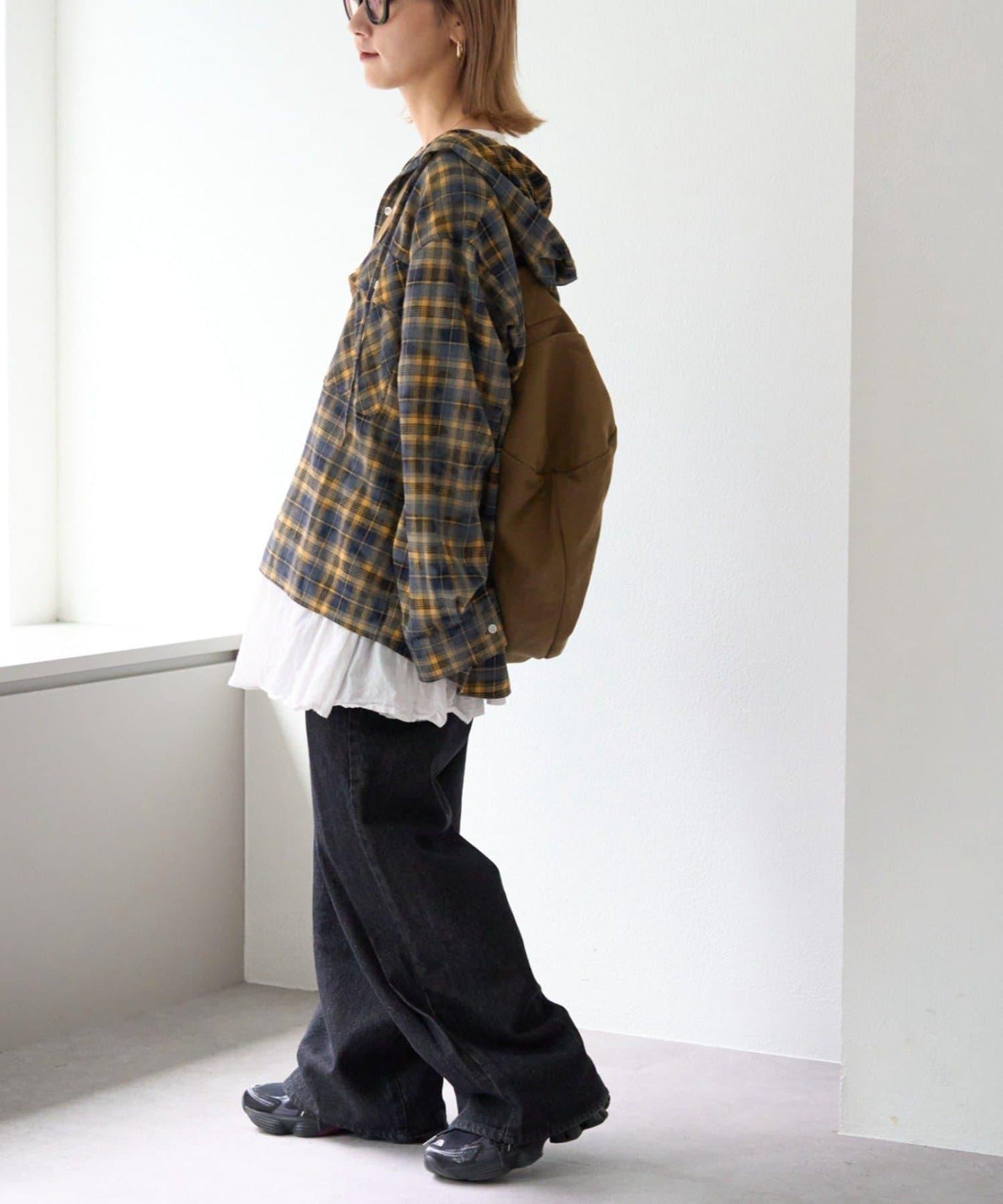 【亞卡企劃】帶食物口袋的混搭加工格子襯衫