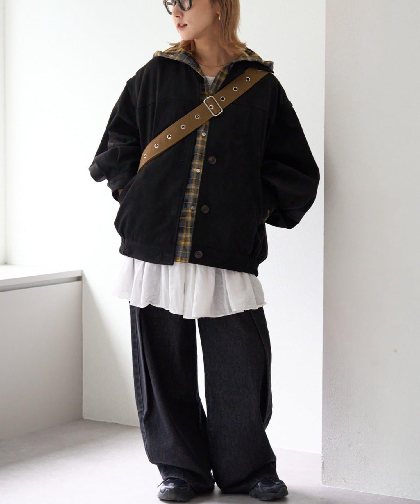 【亞卡企劃】帶食物口袋的混搭加工格子襯衫