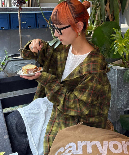【亞卡企劃】帶食物口袋的混搭加工格子襯衫
