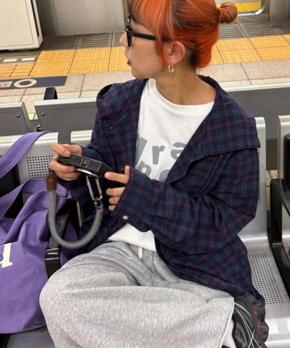 【亞卡企劃】帶食物口袋的混搭加工格子襯衫