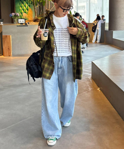 【亞卡企劃】帶食物口袋的混搭加工格子襯衫