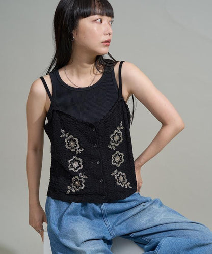 透視編織 珠片刺繡吊帶背心 胸衣