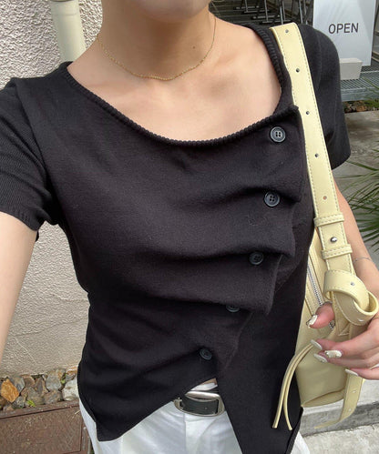 荷葉邊紐扣短袖開衫