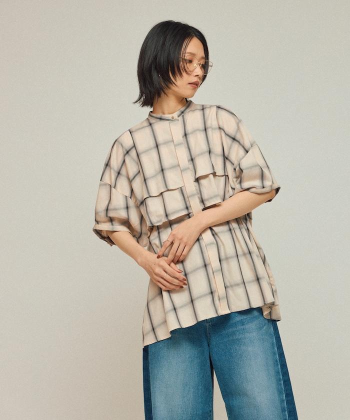 漸變格紋 波浪領襯衫 / 5分袖格紋襯衫