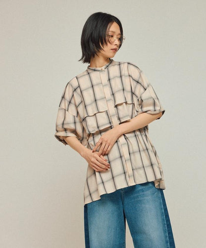 漸變格紋 波浪領襯衫 / 5分袖格紋襯衫