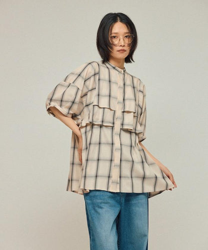 漸變格紋 波浪領襯衫 / 5分袖格紋襯衫