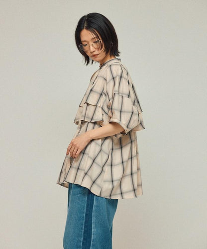 漸變格紋 波浪領襯衫 / 5分袖格紋襯衫